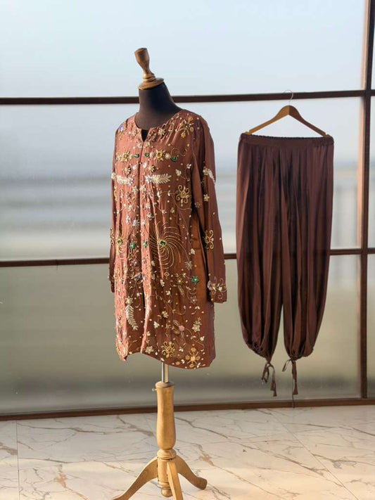 Mahogany Embroidered Dabka Kurta with Pleated Pants