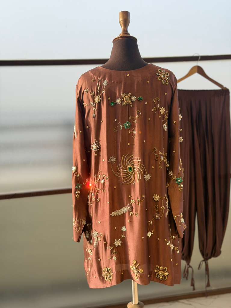 Mahogany Embroidered Dabka Kurta with Pleated Pants
