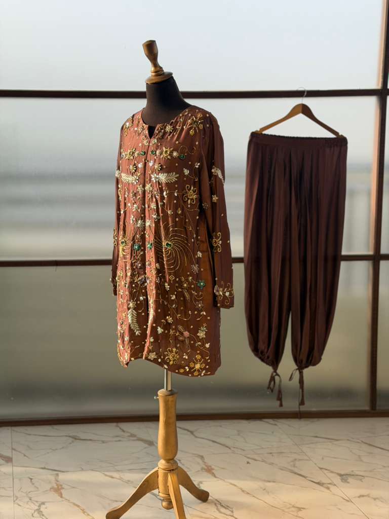 Mahogany Embroidered Dabka Kurta with Pleated Pants